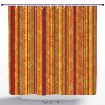 

Personalized Shower Curtain/Orange, Vertically Stripes Pattern with Flowers Swirled Leaves and Dots Design, Orange