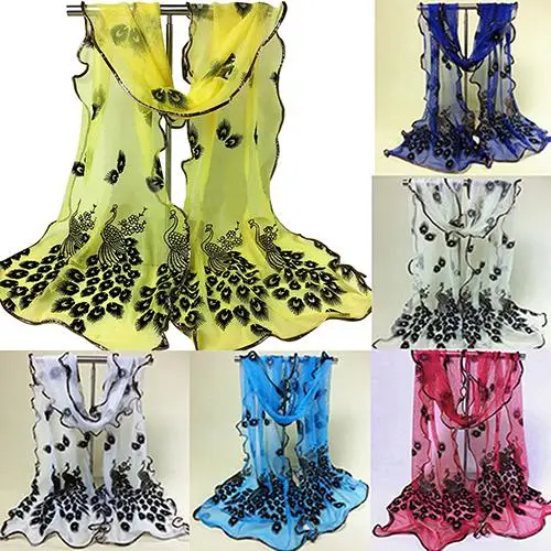 

Women Fashion Peacock Flower Embroidered Lace Scarf Long Soft Wrap Shawl Stole