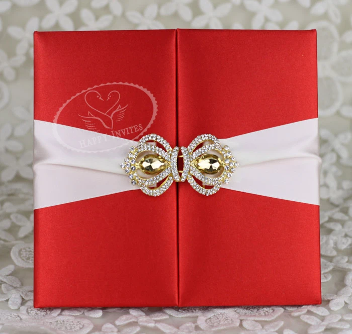 HI2003-107 Custom Red Silk Folder Wedding Invitation with Gold Foiling Printing & Gold Crown Booch Made in China More Colors Available