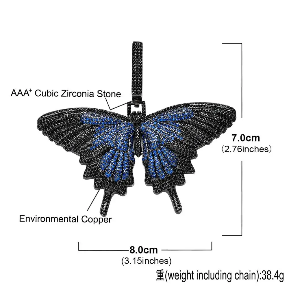 Anztilam Hip Hop Color Butterfly Pendant Necklace Full Iced Out AAA Cubic Zirconial For Men Women Jewelry Gift 6