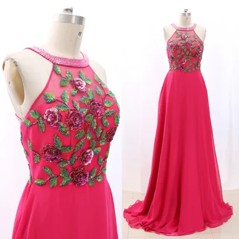 

MACloth Fuchsia Sheath Halter Floor-Length Long Beading Chiffon Prom Dresses Dress M 268020 Clearance