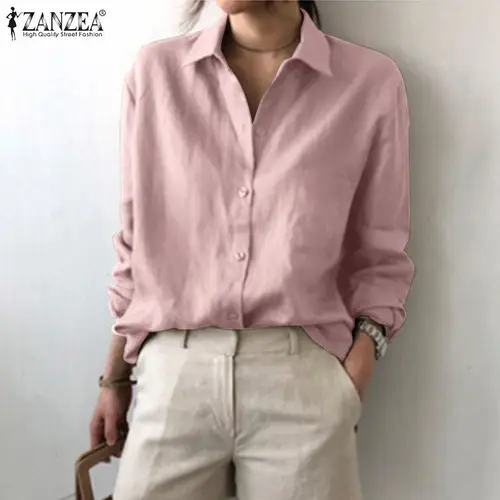 ZANZEA 여성용 캐주얼 루즈 OL 셔츠, 긴팔 비즈니스 블라우스, 칼라 버튼 튜닉 블라우스, 봄 가을 3