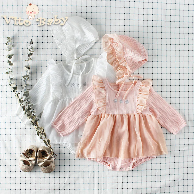 

VITO Baby Girls Clothes Autumn Baby Romper+hat Girl Long Sleeve Infant Baby Clothes lace Princess 1st Birthday Party Clothes