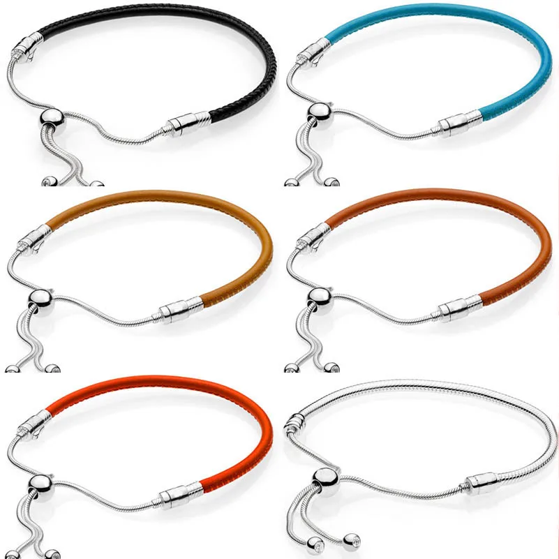 

Moments Leather With Adjustable Sliding Clasp Snake Chain Bracelet Bangle Fit 925 Sterling Silver Bead Charm Europe DIY Jewelry