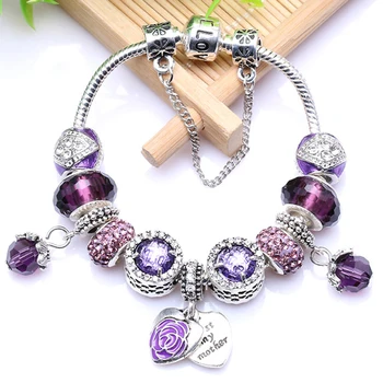 

BAOPON Sweet Mother Pendant Charm Bracelets For Women With Love Heart Beads Snake Chain Bracelets Bangles As Mother Jewelry Gift