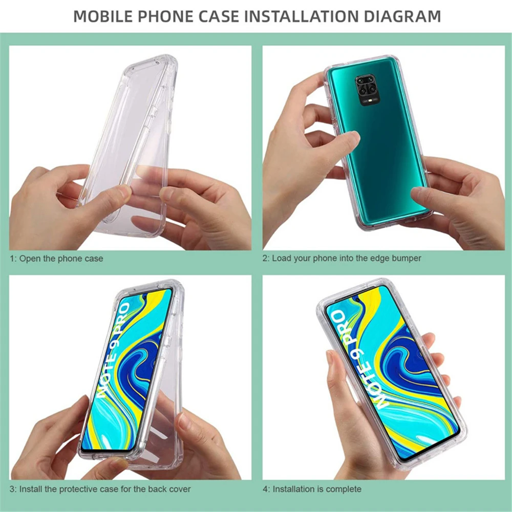 360 Degree Phone Case For Xiaomi Redmi Note 10 9S 9 Pro Max 5G 9A 9C 8 8 8A 8T 9T 7A 5A 5 Plus 6A 6 7 Full Body 2IN1Clear Cover