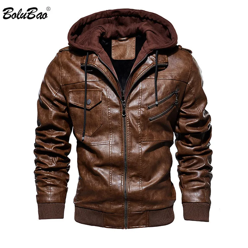 

BOLUBAO Men's Winter Leather Jacket Men Thicken PU Warm Zipper Pocket Decoration Slim Fit Male Street Hooded Leather Jackets