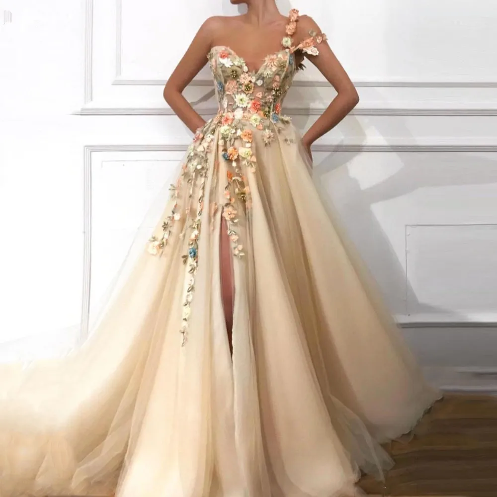 2019-Gorgeous-Champagne-One-Shoulder-Prom-Dresses-Ruched-A-Line-Front-Slit-Tulle-Hand-Made-Flowers (2)