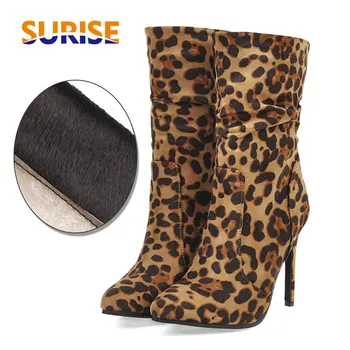 

Winter Women Mid-calf Boots Sexy Pink Brown Leopard Flock Pointed Toe High Thin Stiletto Heel Casual Party Plush Lady Half Boots