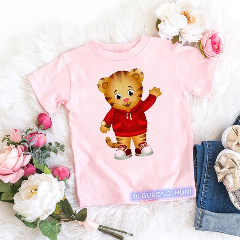 Kawaii Girls T-Shirt Funny Daniel Tiger’S Neighborhood Cartoon Print Baby Girls Clothes Fashion Children’S Tshirt Pink Shirt Top 2