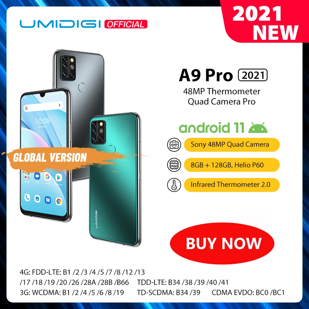 UMIDIGI A9 Pro 2021 Android 11 RAM 8GB 128GB Samrtphone 48MP AI Matrix Quad Camera Helio P60 Octa Core 6.3