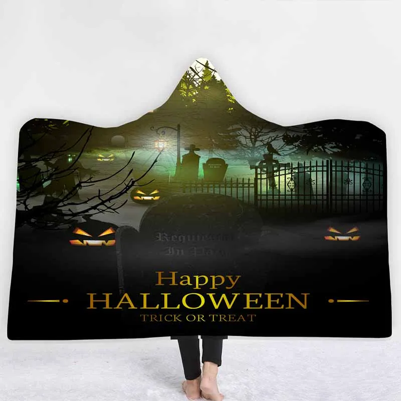 Праздничная Тыква с надписью Happy Halloween одеяло с капюшоном бархатные двойные Слои для дивана, из микрофибры Одеяло мягкие пледы Одеяло верхняя детская одежда