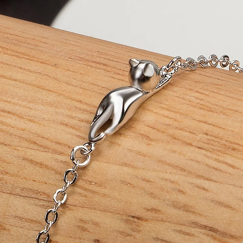 Стильный минималистичный браслет с котом, ошейник, браслет с котами из чистого серебра 925, ювелирный браслет Kitty - Окраска металла: Посеребренный