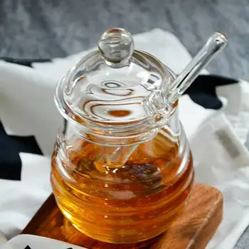 

Transparent glass honey jar with lid Honey Jar with Dipper, Clear, 9 Ounces