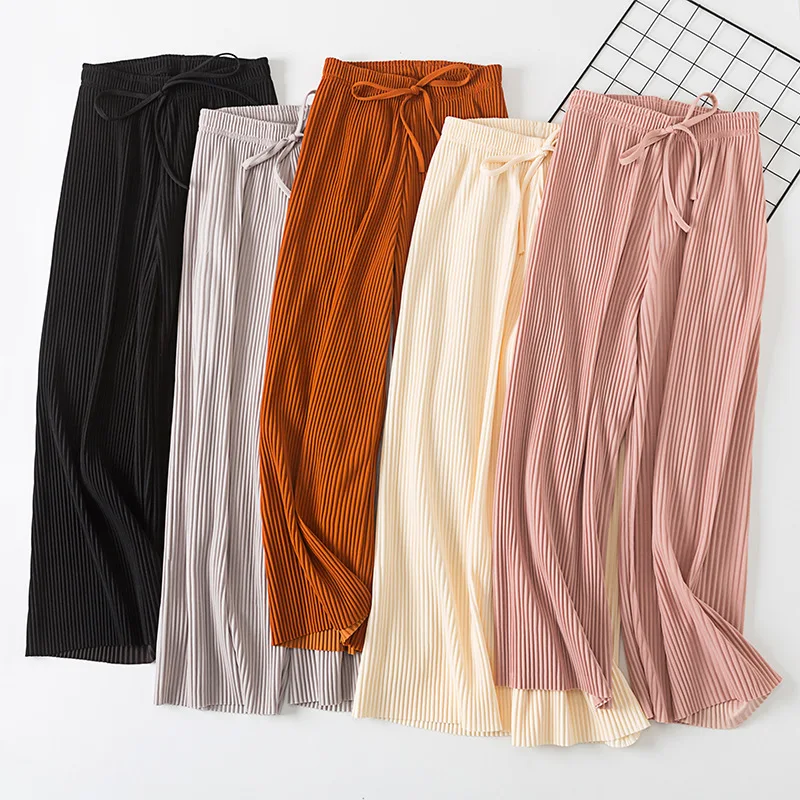 Dropshipping Summer Loose High Waist Chiffon Wide Leg Pants Casual Palazzo Culottes Elegant Trousers For Women Drawstring | Женская