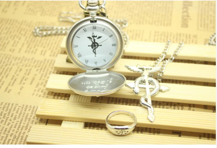 Модный Стальной алхимик, кварцевые карманные часы, ожерелье, набор колец для мужчин и женщин, ювелирный набор с подарочной коробкой, детский лучший рождественский подарок