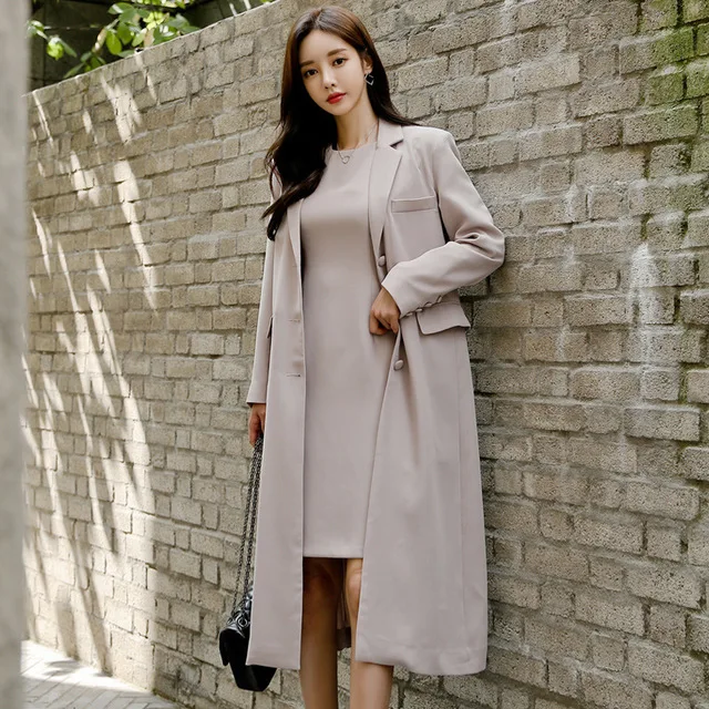 Autumn Spring New Korean Women Dresses Suit Knee Length Long Trench Coat and Dress Female Two Piece Blazer Set