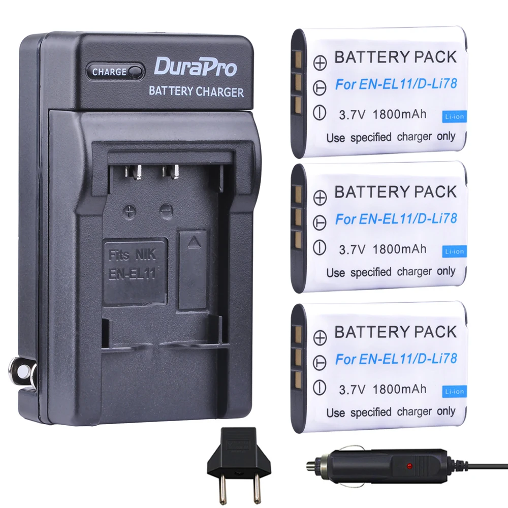 3Pc En-El11 En El11 D-Li78 D Li78 Np-By1 Np By1 Batteria + Caricabatteria Da Auto + Spina Di Ue Per Nikon Coolpix S550 S560 Pentax M50 W60 W80
