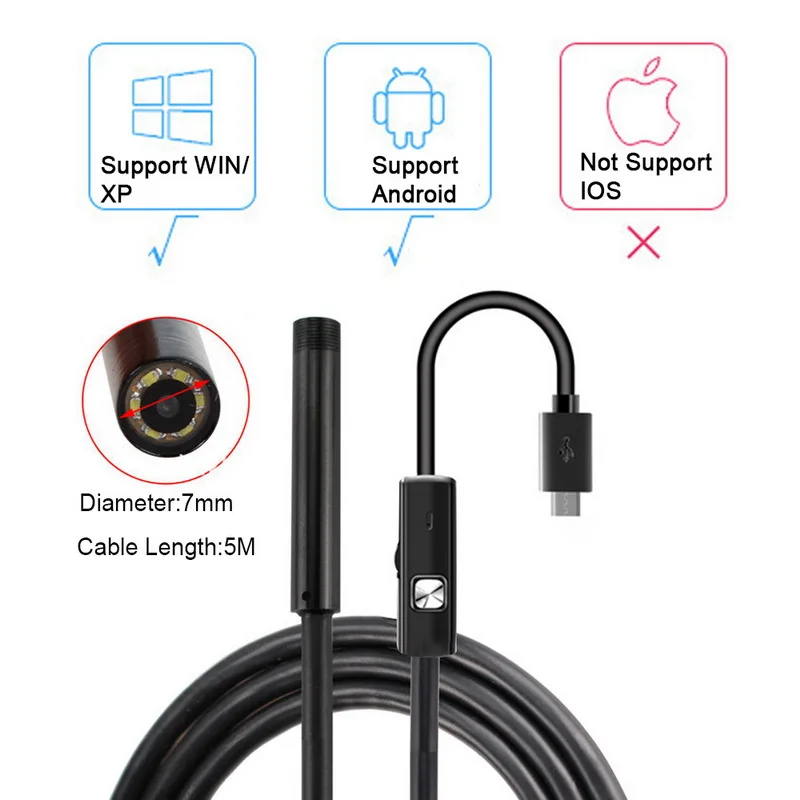 TOSPRA 5 м* 7 мм эндоскопа Камера Гибкая IP67 водонепроницаемый USB осмотр бороскоп камера для Android ПК ноутбук 6 светодиодов регулируемый