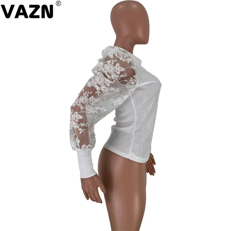 VAZN, новинка, белая кружевная Женская модная облегающая Сексуальная Весенняя футболка с круглым вырезом, Офисная Женская одежда для работы, футболка