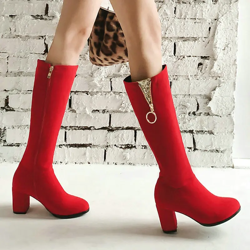 

Fashion Metal Decoration Women Knee High Boots Red Black Round Toe Square Root Women Long Boots with Zipper Women Winter Boots