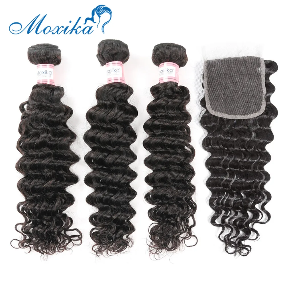 Moxika Deep Wave Bundles With Closure 4*4 Baby Hair L Remy Brazilian Human Weave Pre Plucked | Шиньоны и парики
