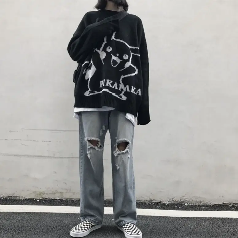 

Autumn and Winter Korean pullover sweater female cartoon pattern Harajuku BF student top round neck loose sweater