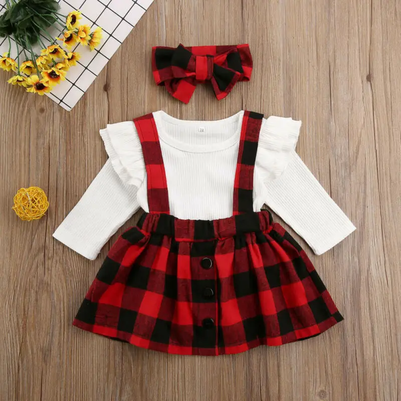 0 18 Months Baby Girl Clothes Sets 3pcs Knitted Tops Romper Plaids Print Bib Dress Headband Girls Suspender Skirt