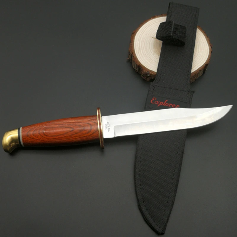 Mengoing Outdoor Self-Defense Survival Knife 5Cr13 Steel Wooden Handle Utility EDC Fixed Blade Knife