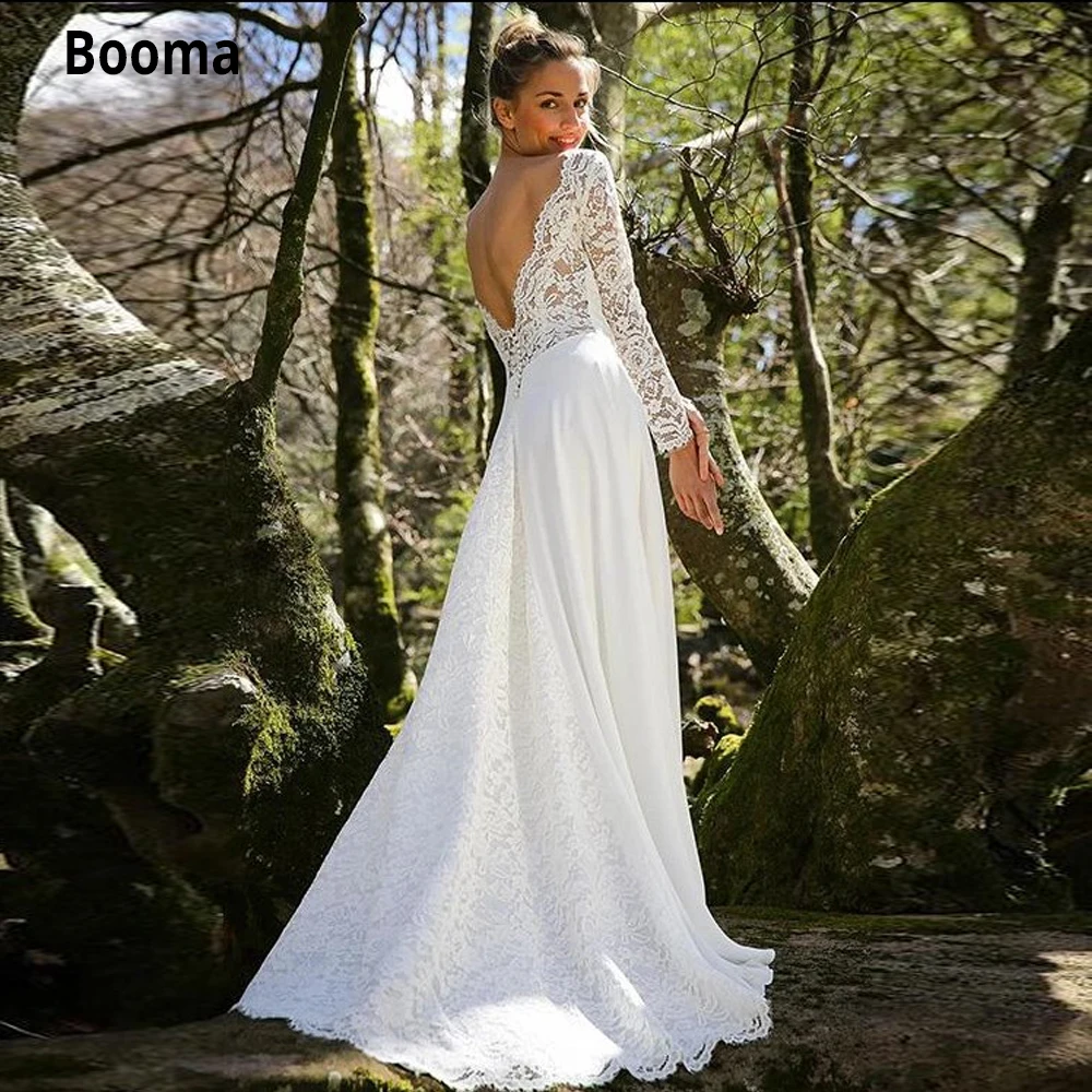 Booma Beach Bridal Wedding Dresses with Lace Long Sleeve Scoop Neckline Backless Chiffon Gowns Sweep Train Custom Made | Свадьбы и