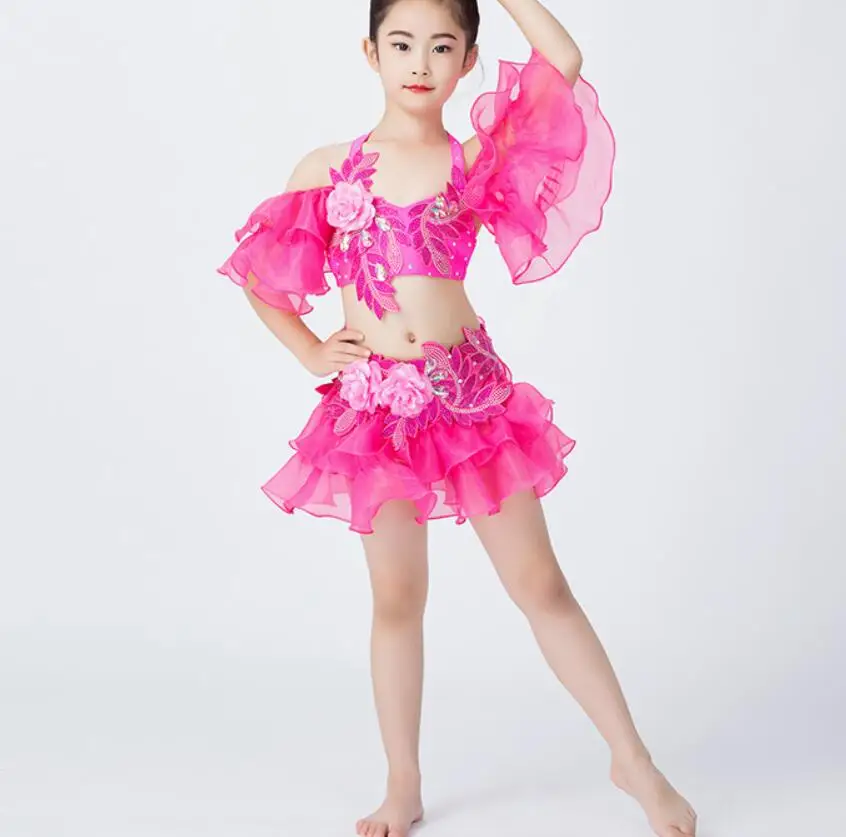 Rose Short Professional Belly Dance Skirts For Girl Outfit Costume Belly Dance Top Dance Costumes Clothes(S, Hot Pink) Fairy 3 Piece Set - Цвет: Rose Short