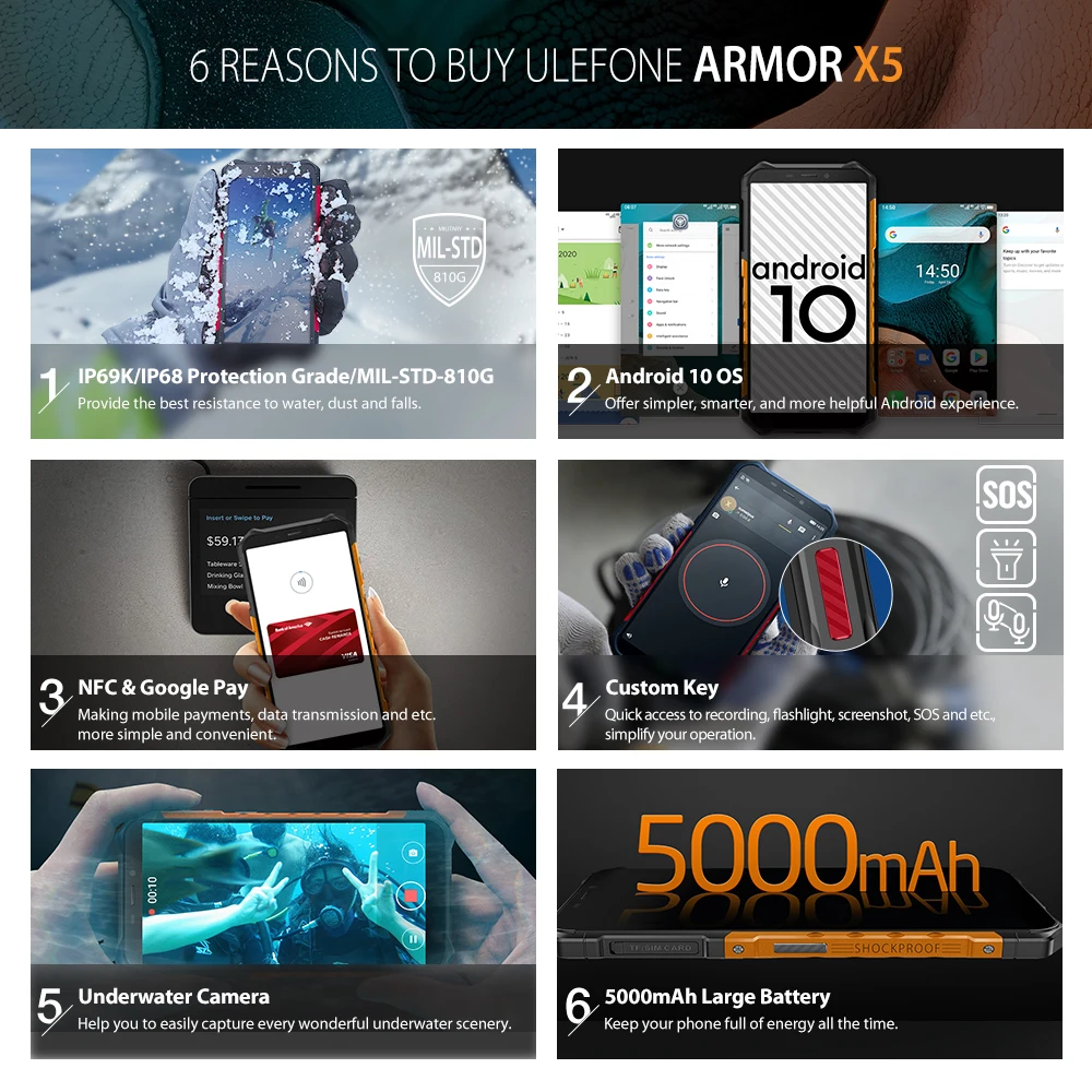 Ulefone Armor X5 IP68/IP69K Rugged Android 10.0 Shockproof Smartphone 5000mAh Octa Core 5.5'' OTG NFC 3GB 32GB 4G LTE Cellphone