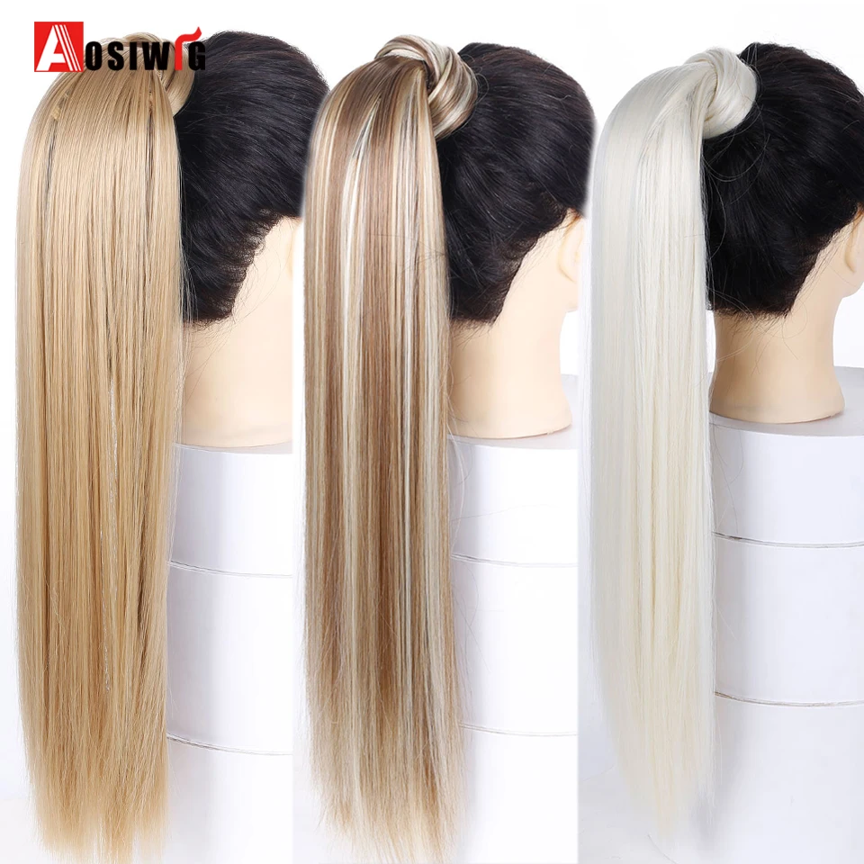 AOSIWIG Long Straight Ponytail Clip in Hair Tail Extension Wrap on Pony Tail Synthetic Natural Fake Hair Pieces