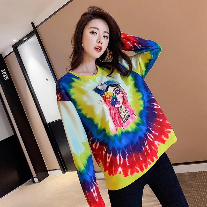 

Fashion autumn new contrast color girl cartoon print sequins loose sweatshirts
