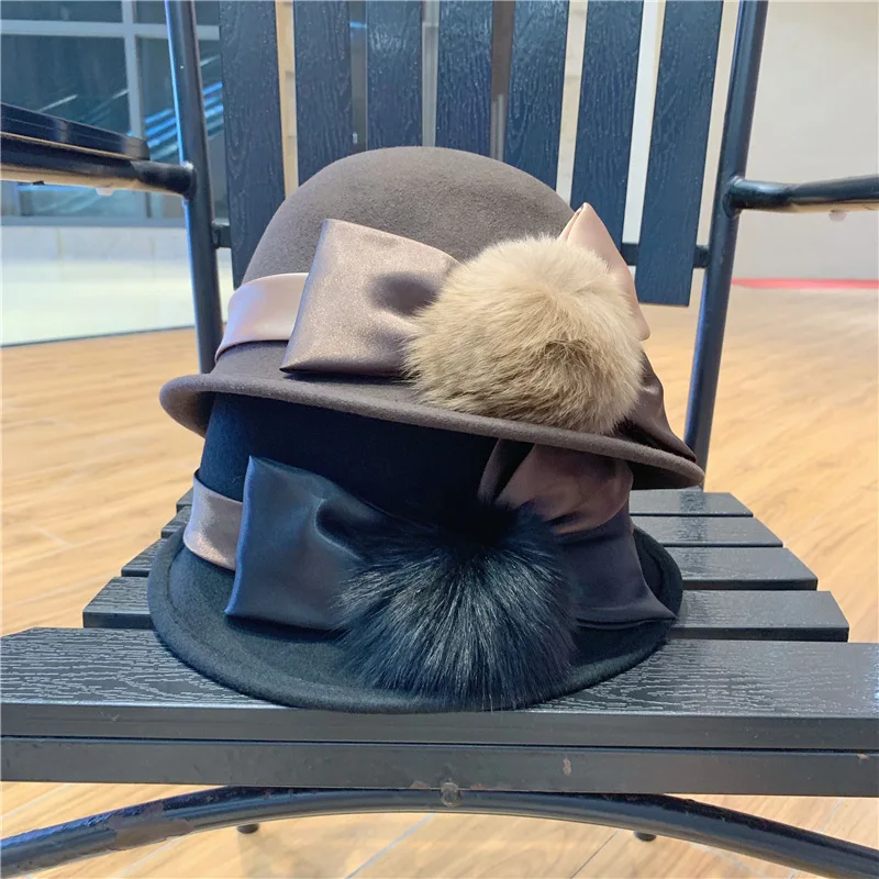 01909-baoliu-pompon winter bowknot wool dinner formal lady bucket cap women outdoor leisure hat