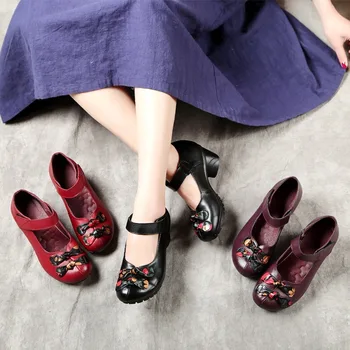 

2020 Spring Summer Autumn Womens Genuine Leather Middle Heel Pumps Ladies Mothers Round Toe Soft Light Comfortable Shoes