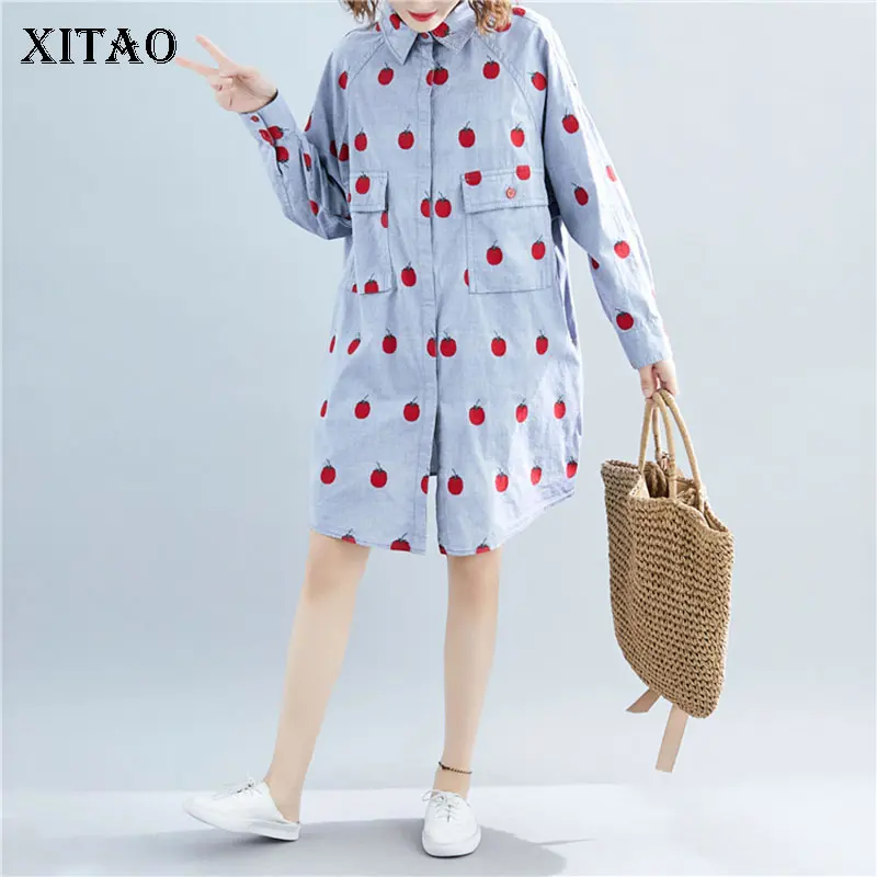 XITAO длинная рубашка с принтом вишни Женская модная универсальная одежда с карманами блузка Топ с отложным воротником Корейская Осенняя WQR1411