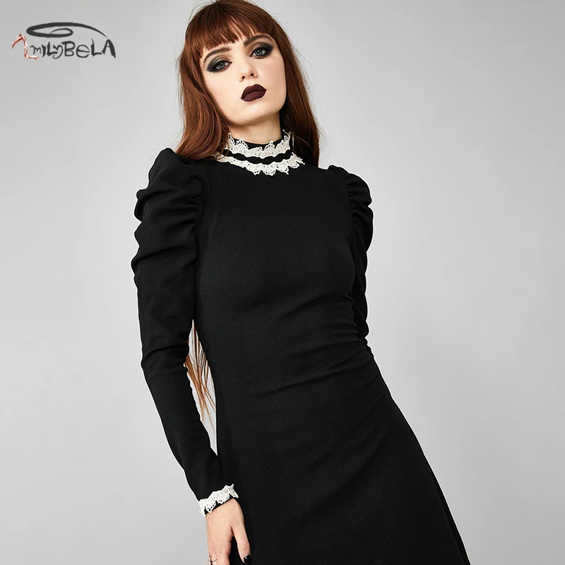 Imily элегантное женское мини-платье в винтажном стиле со стоячим воротником, кружевное лоскутное платье с длинными пышными рукавами и рюшами, черное платье на осень и зиму, Vestidos