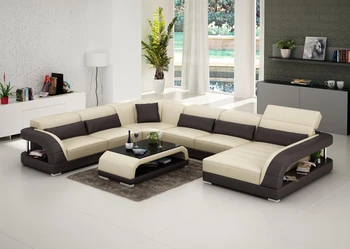 

New design 6 seater leather beige sofa with chaise
