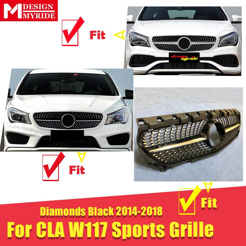 Для merceesmb W117 Алмазная передняя решетка ABS черный CLA-Class CLA200 CLA250 CLA180 CLA45 спортивные без знака передние грили-in