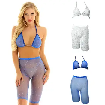 

Women Rhinestone High Waist Bikini Fishnet Bra Shorts Swimwear Swimsuit Beachwea t Bikini Net Bra Shorts Swimwear Swimsuit Beach