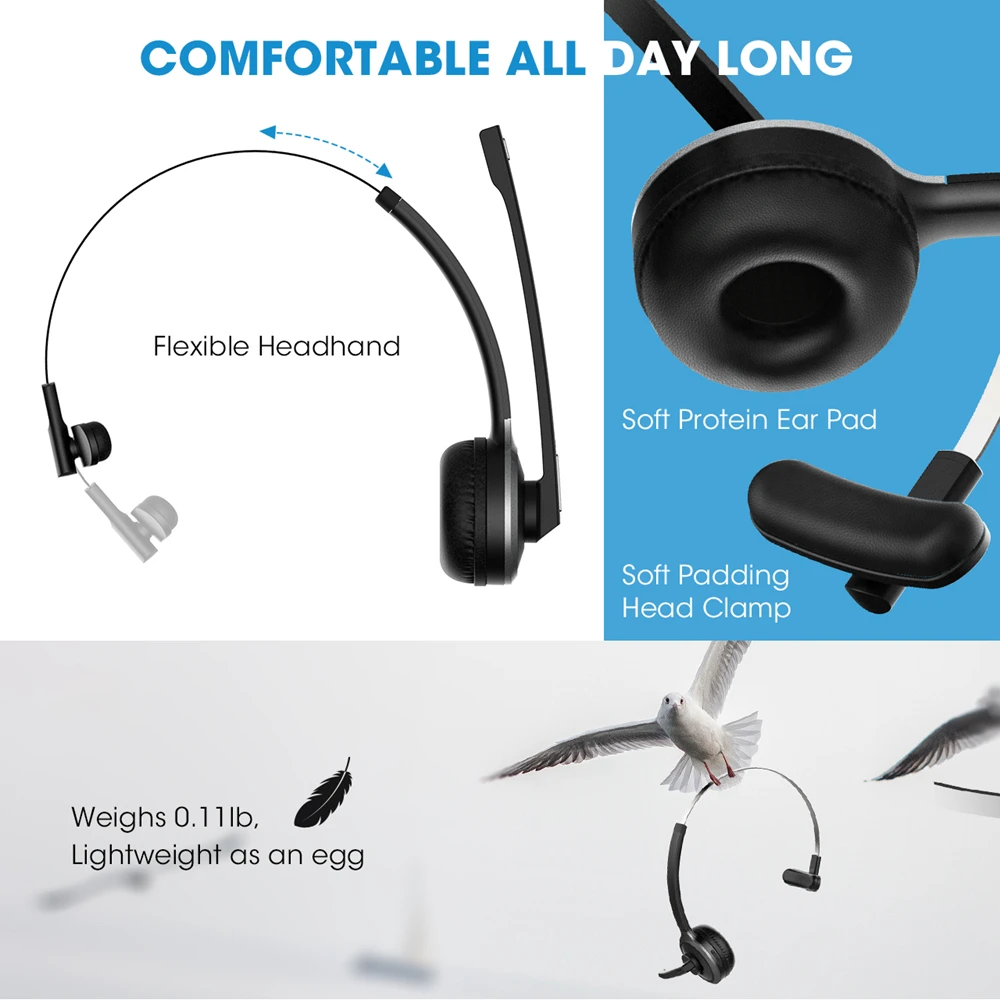 Mpow M5 Bluetooth 5 0 Headset Wireless Over Head Noise Canceling Headphones With Crystal Clear Microphone For Trucker Driver