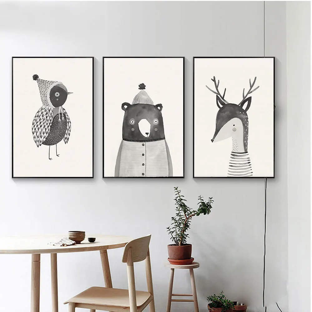 Nordic-Simple-Animal-Print-Canvas-Painting-Cute-Bird-Elk-Bear-Wall-Art-Pictures-Living-Room-Children