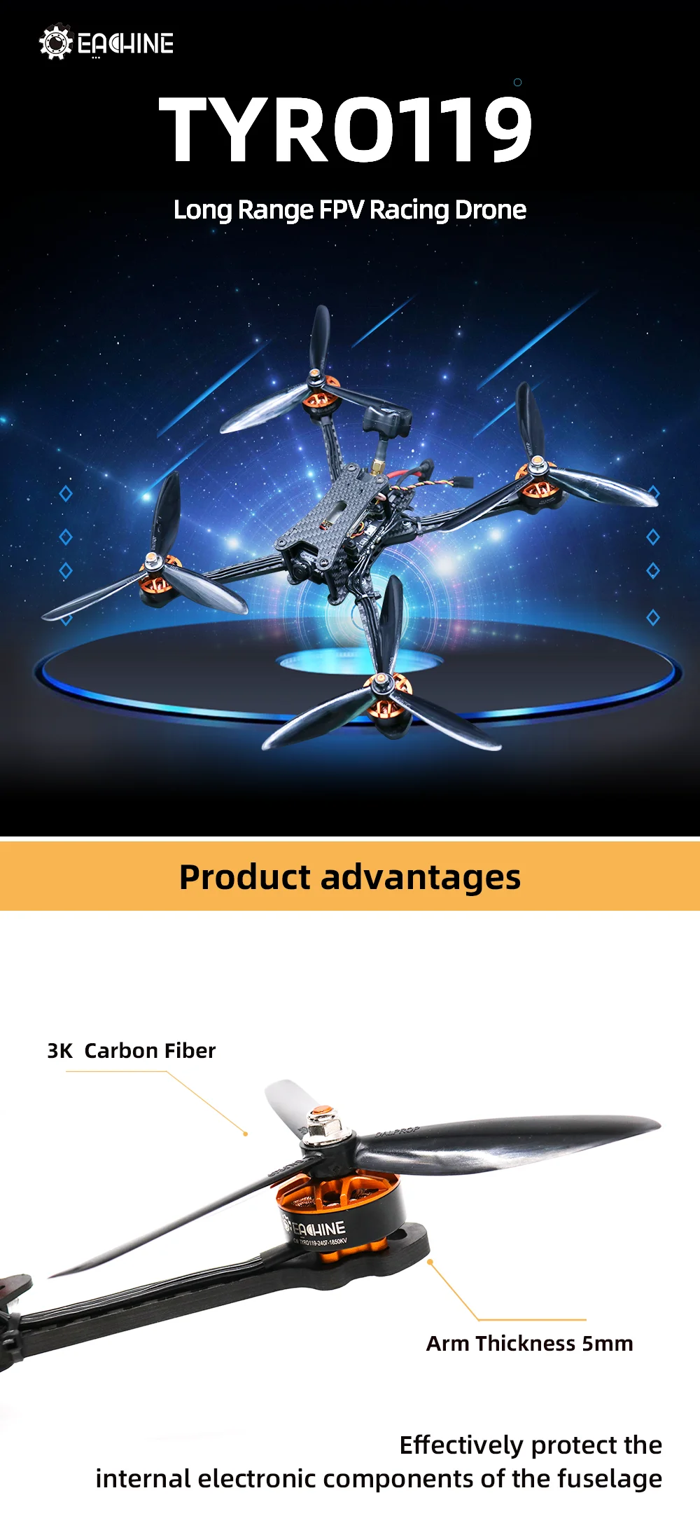 Eachine Tyro119 250 мм F4 OSD 6 дюймов 3-6S DIY FPV гоночный Дрон PNP w/Caddx Turbo F2 1200TVL камера