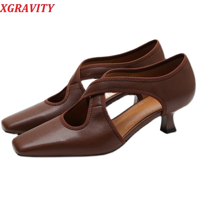 

XGRAVITY Split Leather Women Fashion Thin High Heels Elegant Square Toe High Heel Cross Body Female Shoes Dress Sandals Ladies