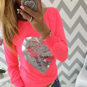 

Girls Sequin Paillette Splice Long Sleeve Cotton T-shirt Mini Shirt women Red Color Tops