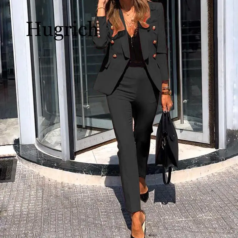 Winter Women Elegant Blazers Set Long Sleeve Coat + Pencil Pants Suit Office Lady Two Piece Suits Work Outfits Matching Sets