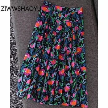

ZIWWSHAOYU Women Fashion Summer Vintage Vacation A-Line Skirt Ladies High Waist Pleat Floral Printed Cotton Skirts