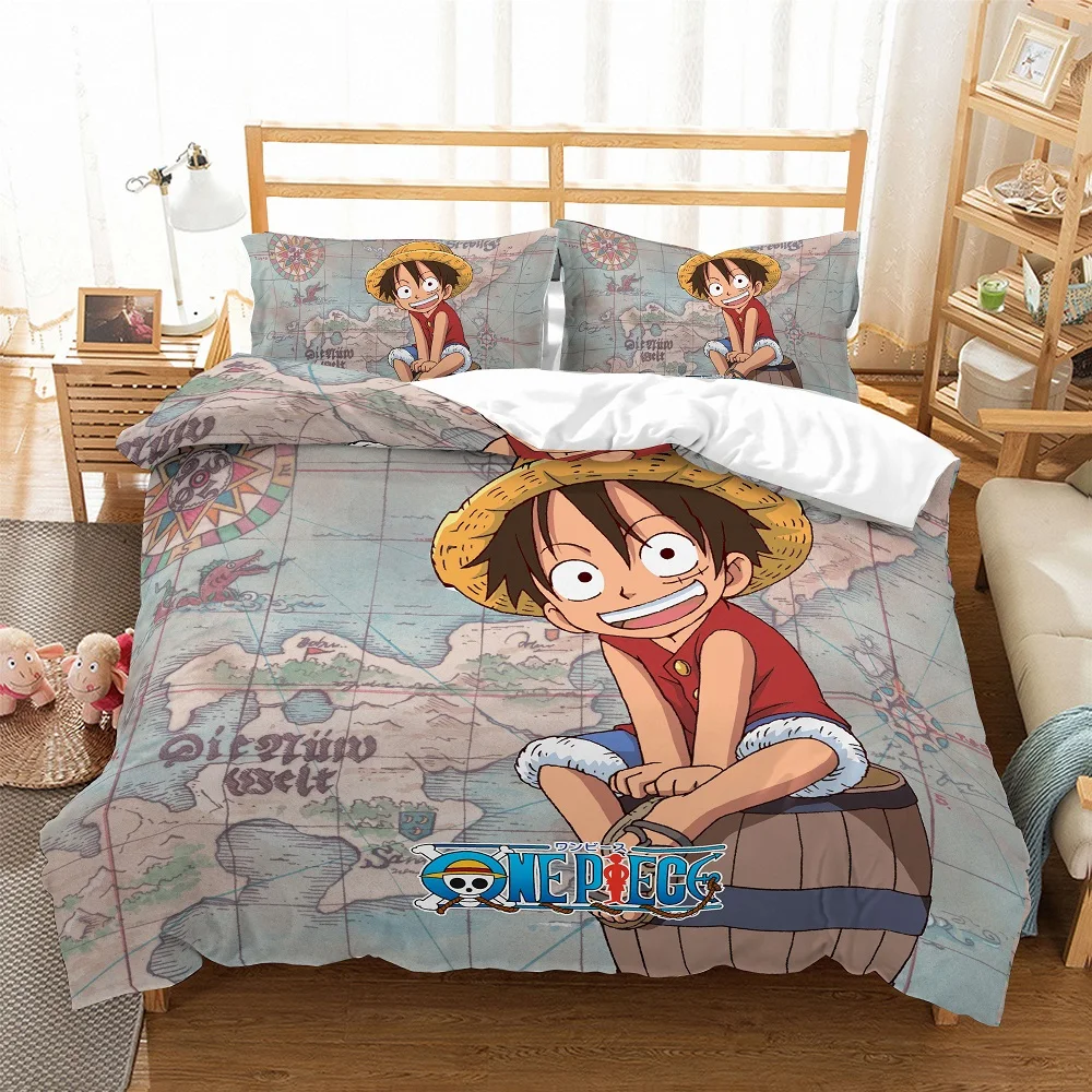 One Piece Anime Bedding Set Luffy Print Home Comforter Cover Retro Map Compass Duvet Cover Set Boys Girl Single Double Bed Cover