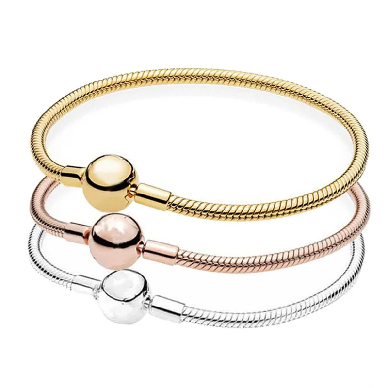 

100% 925 Sterling Silver Rose Gold And Silver Ball Button Pan Bracelet Fit Charm Bracelets Women Jewelry